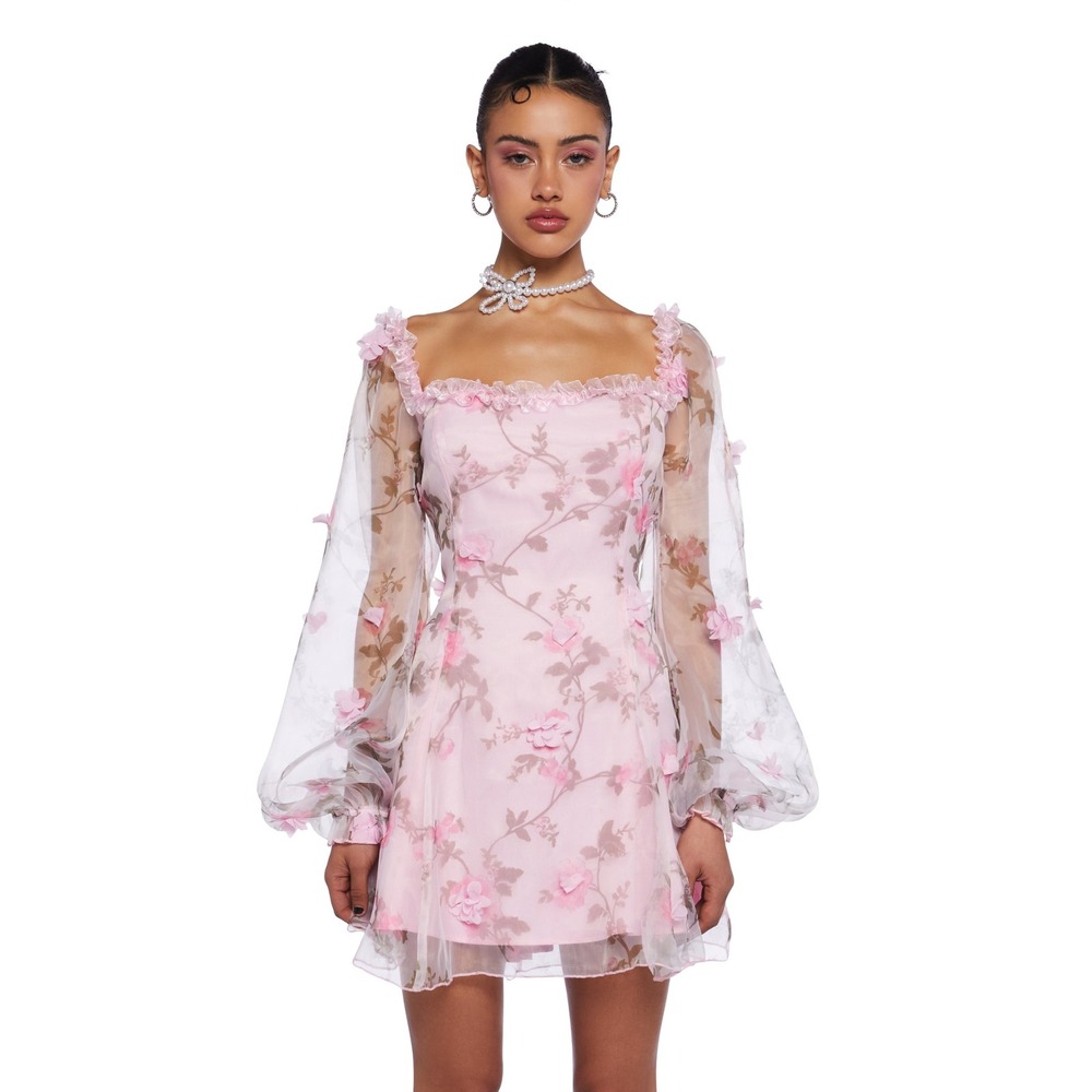 Sugar Thrillz Puff Dress XS Pink Floral 3D Coquette Cottagecore Fairy Whimsy